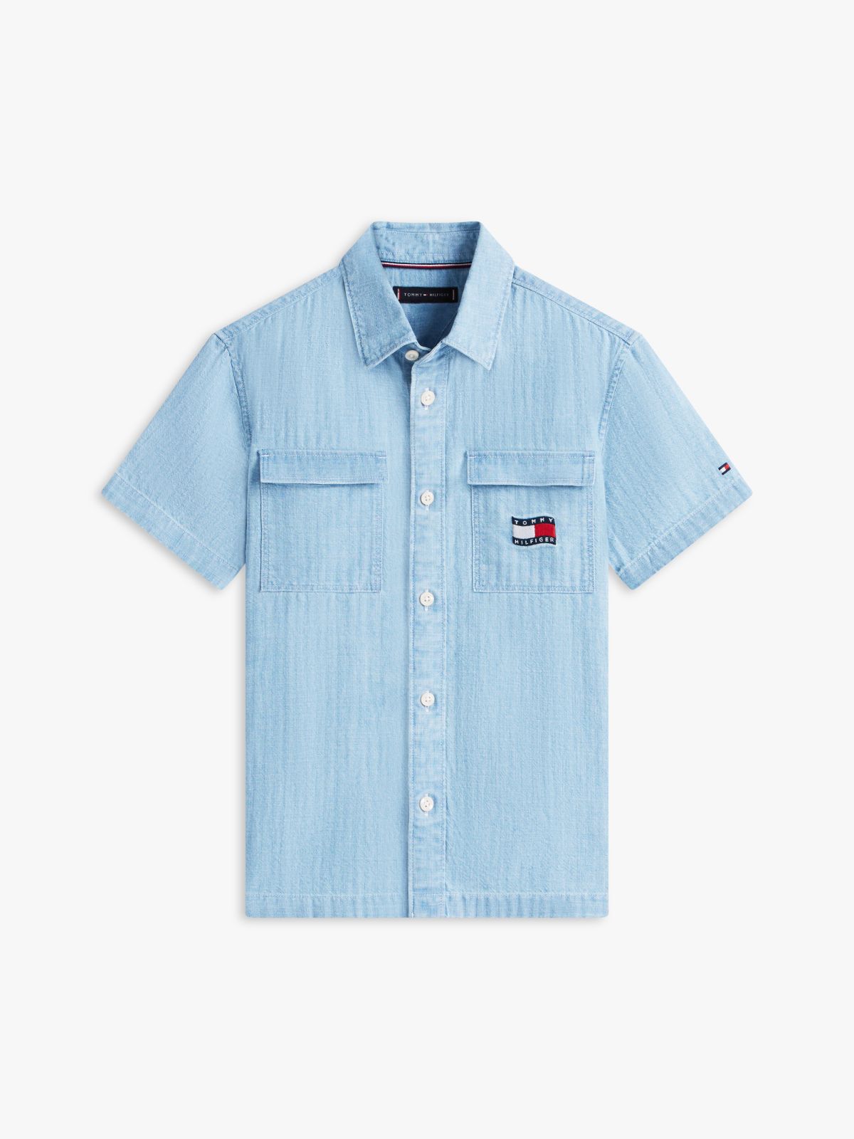 Wavy Flag Short Sleeve Denim Shirt — Blue
