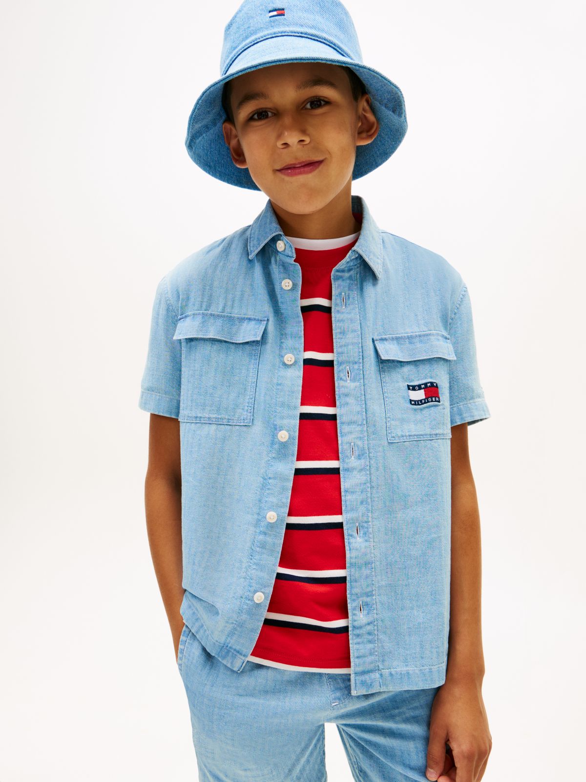 Wavy Flag Short Sleeve Denim Shirt — Blue
