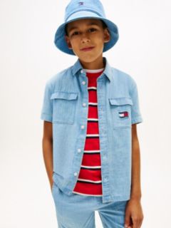 Wavy Flag Short Sleeve Denim Shirt — Blue 1