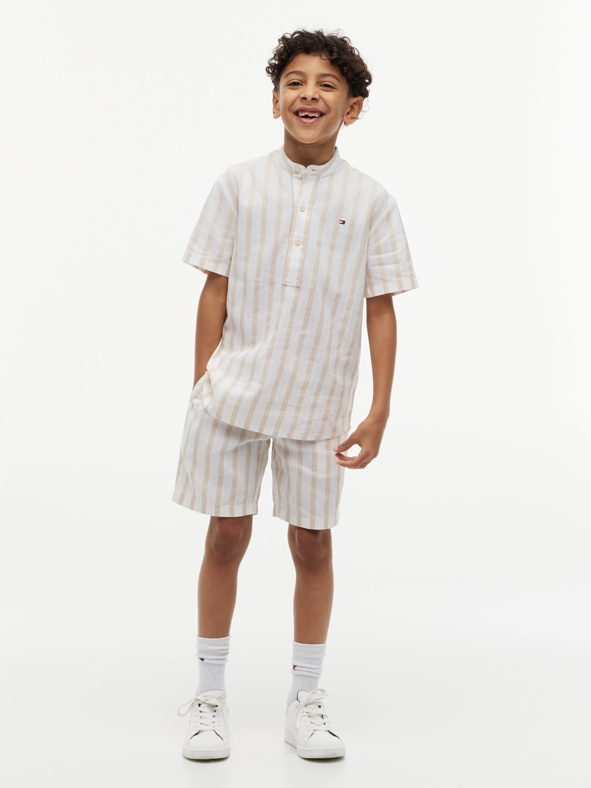 Stripe Linen Blend Short Sleeve Shirt — Beige