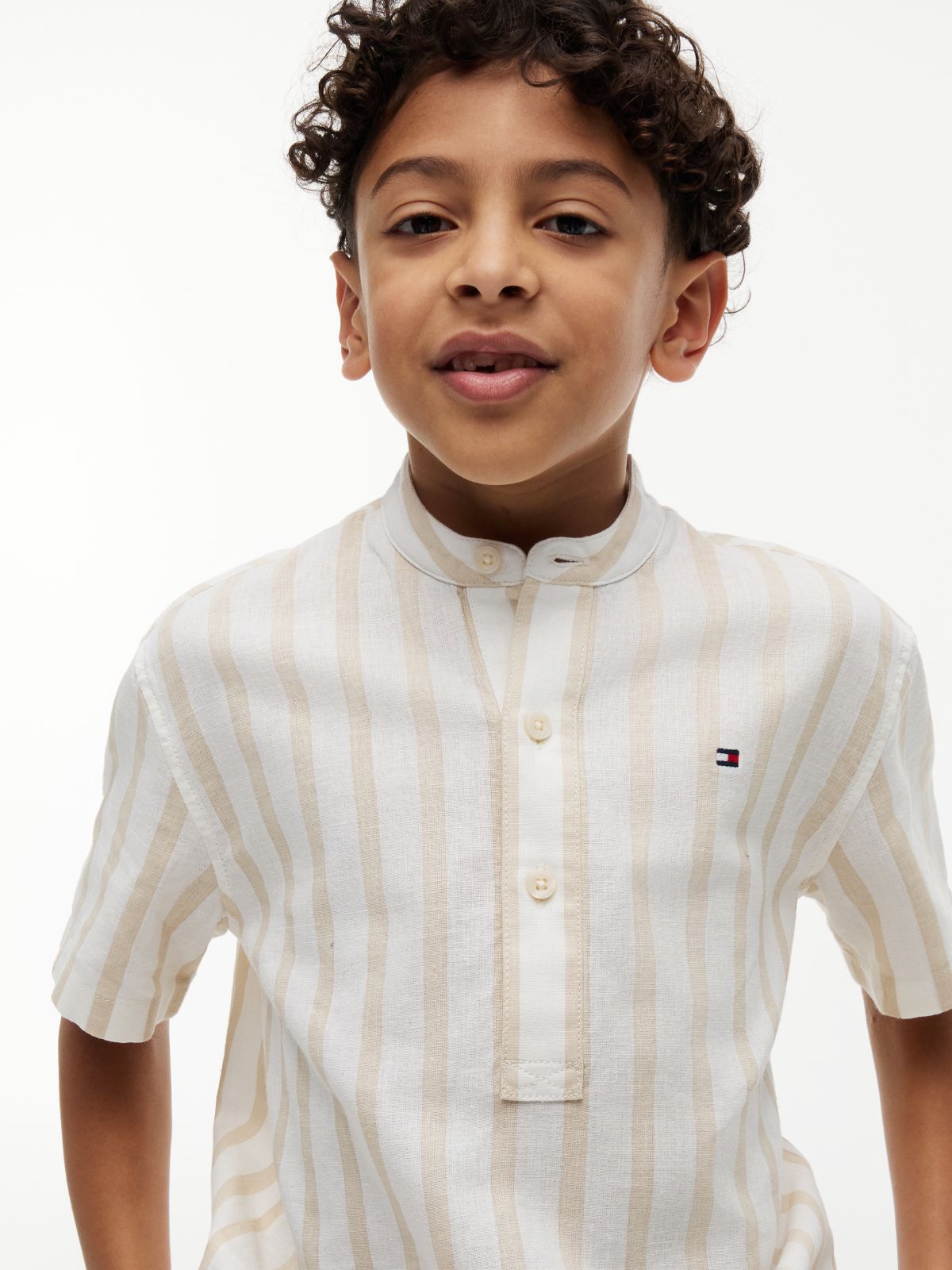 Stripe Linen Blend Short Sleeve Shirt — Beige