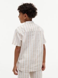 Stripe Linen Blend Short Sleeve Shirt — Beige 4