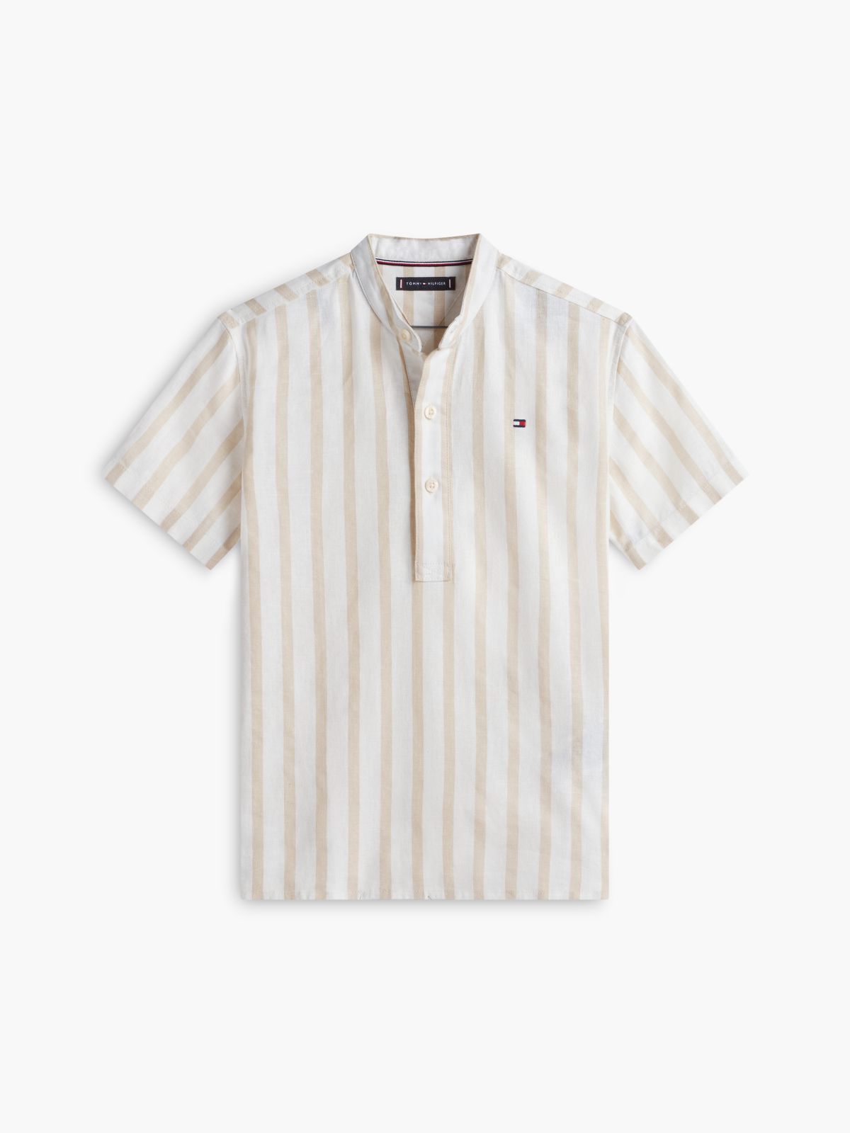 Stripe Linen Blend Short Sleeve Shirt — Beige