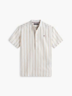 Stripe Linen Blend Short Sleeve Shirt — Beige 5