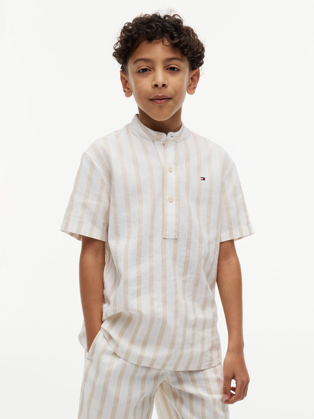 Stripe Linen Blend Short Sleeve Shirt — Beige