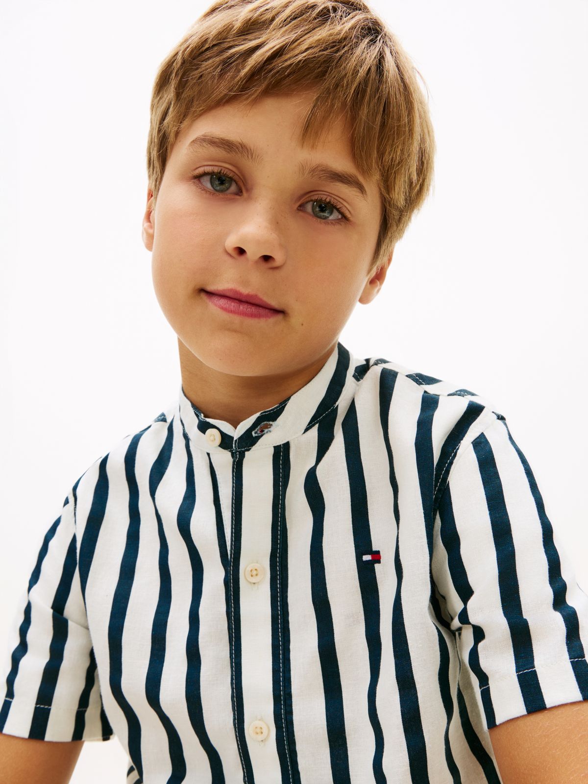 Stripe Linen Blend Short Sleeve Shirt — Blue