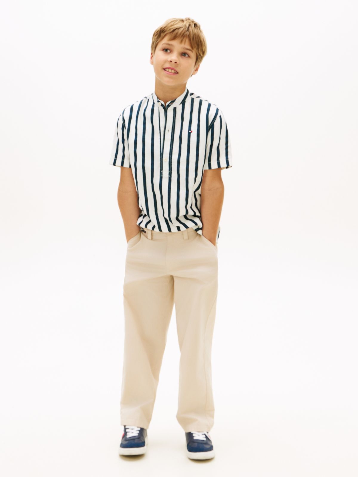 Stripe Linen Blend Short Sleeve Shirt — Blue