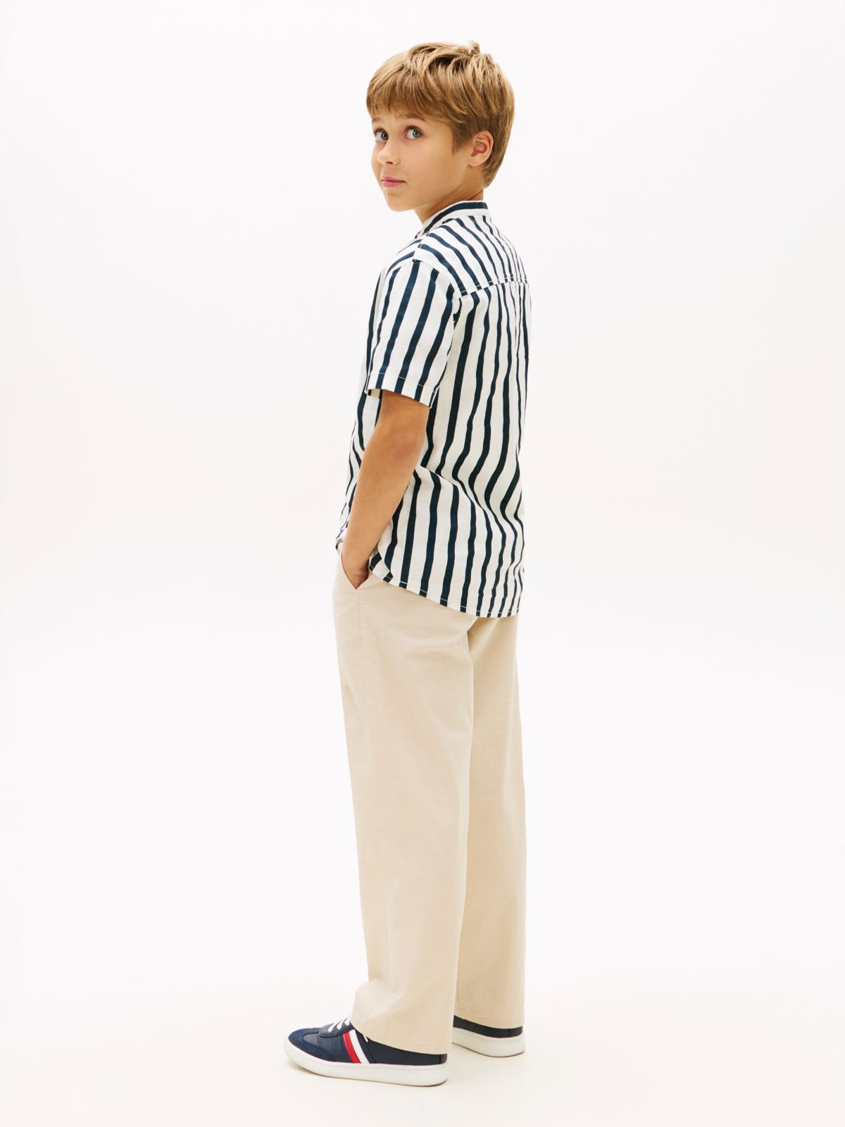 Stripe Linen Blend Short Sleeve Shirt — Blue