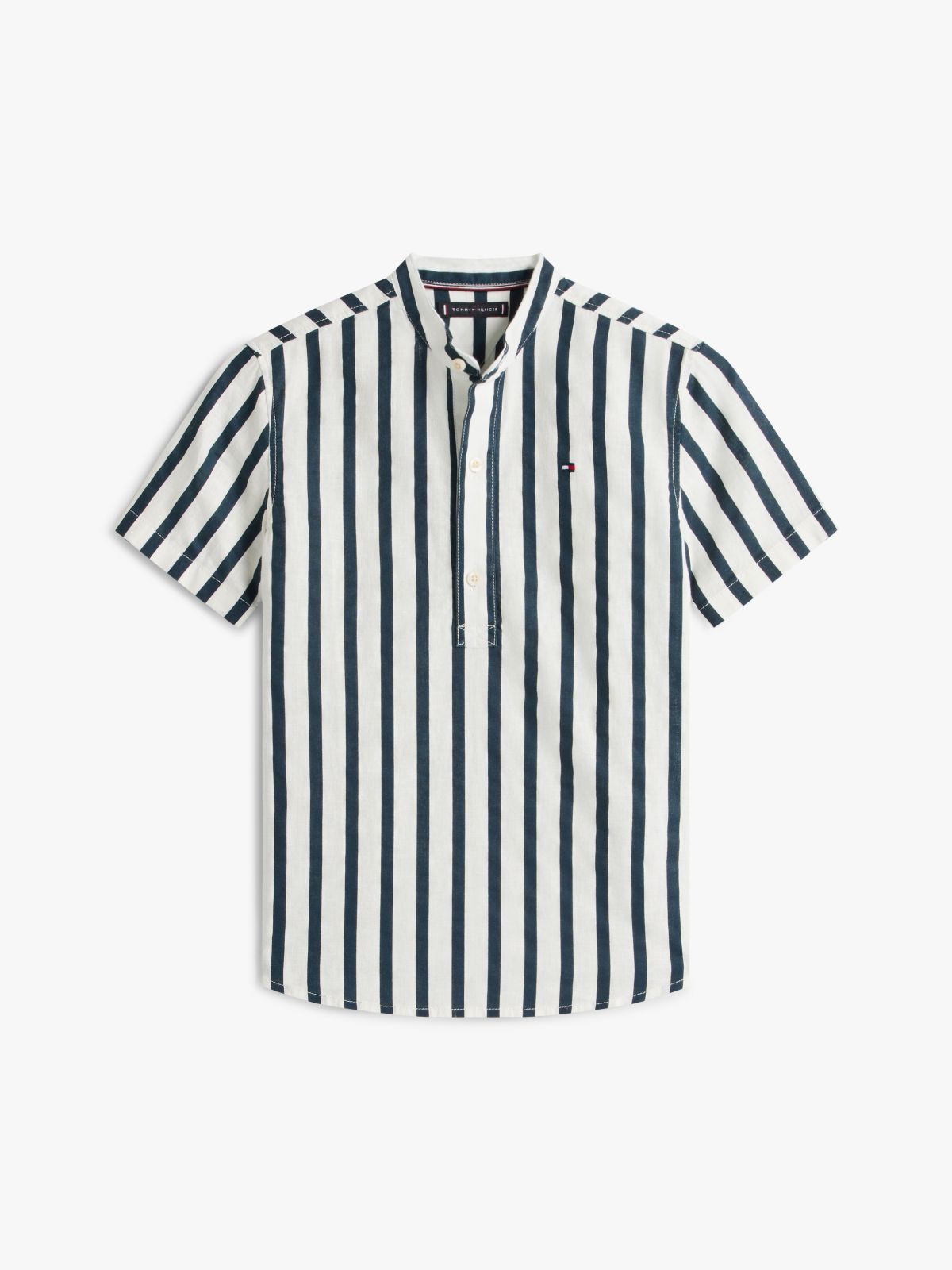 Stripe Linen Blend Short Sleeve Shirt — Blue