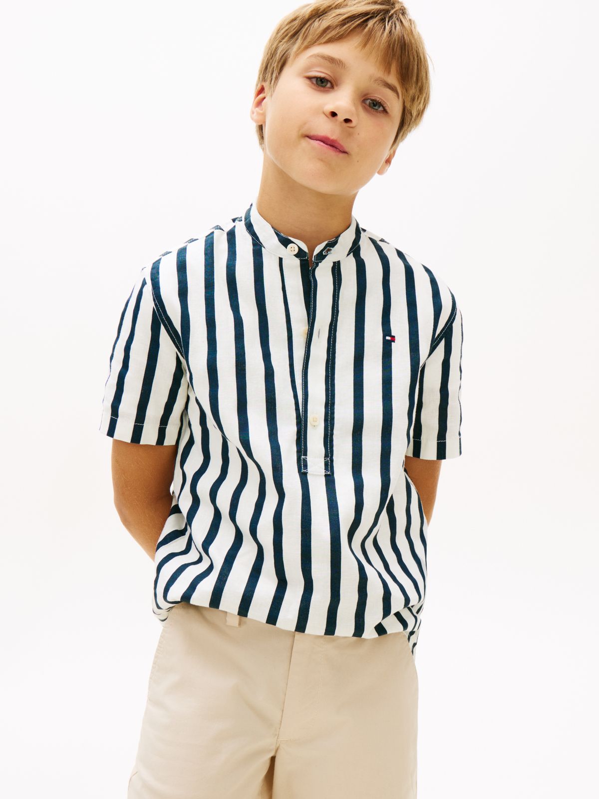 Stripe Linen Blend Short Sleeve Shirt — Blue