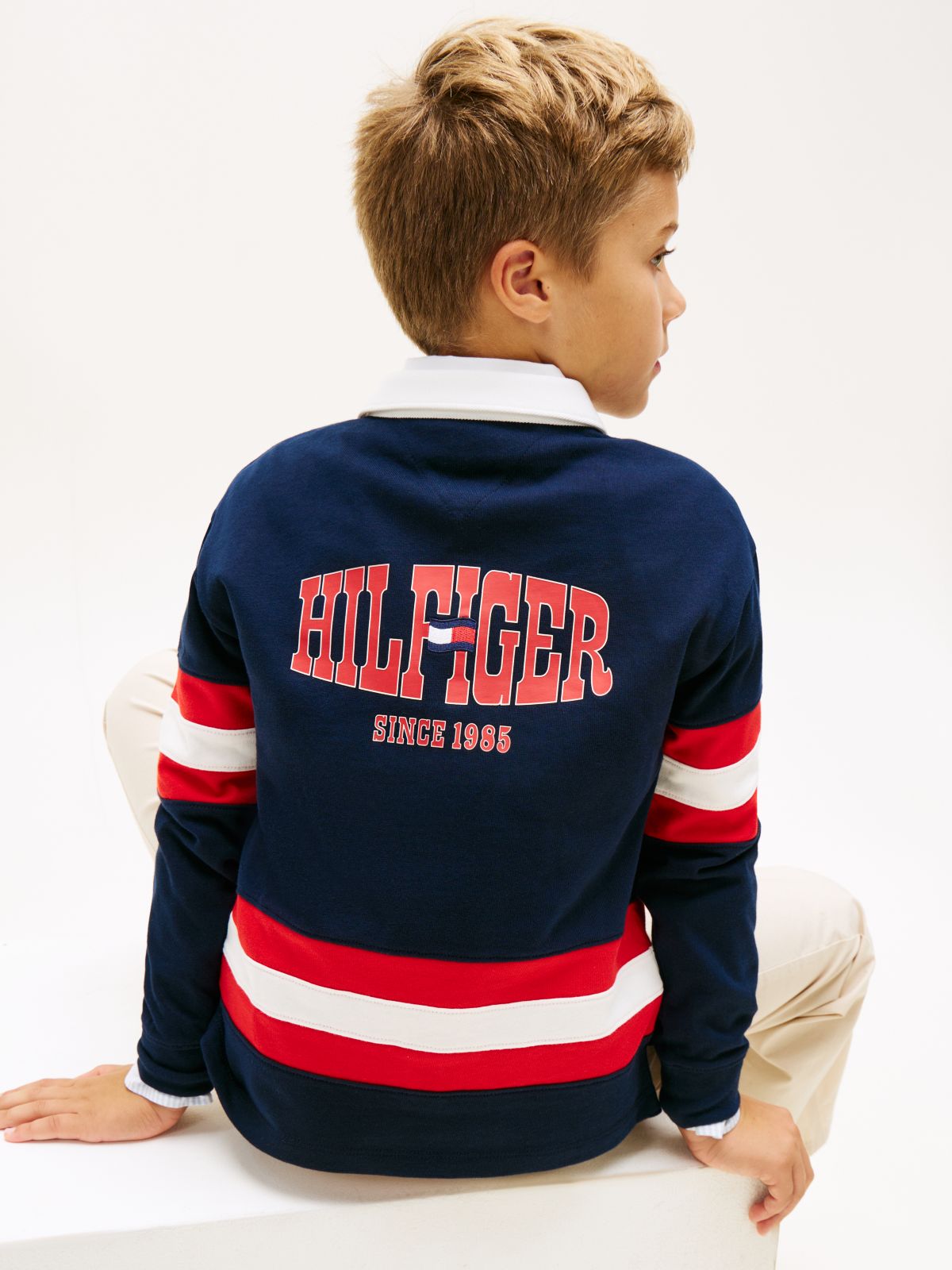 Back Graphic Long Sleeve Polo Shirt — Blue