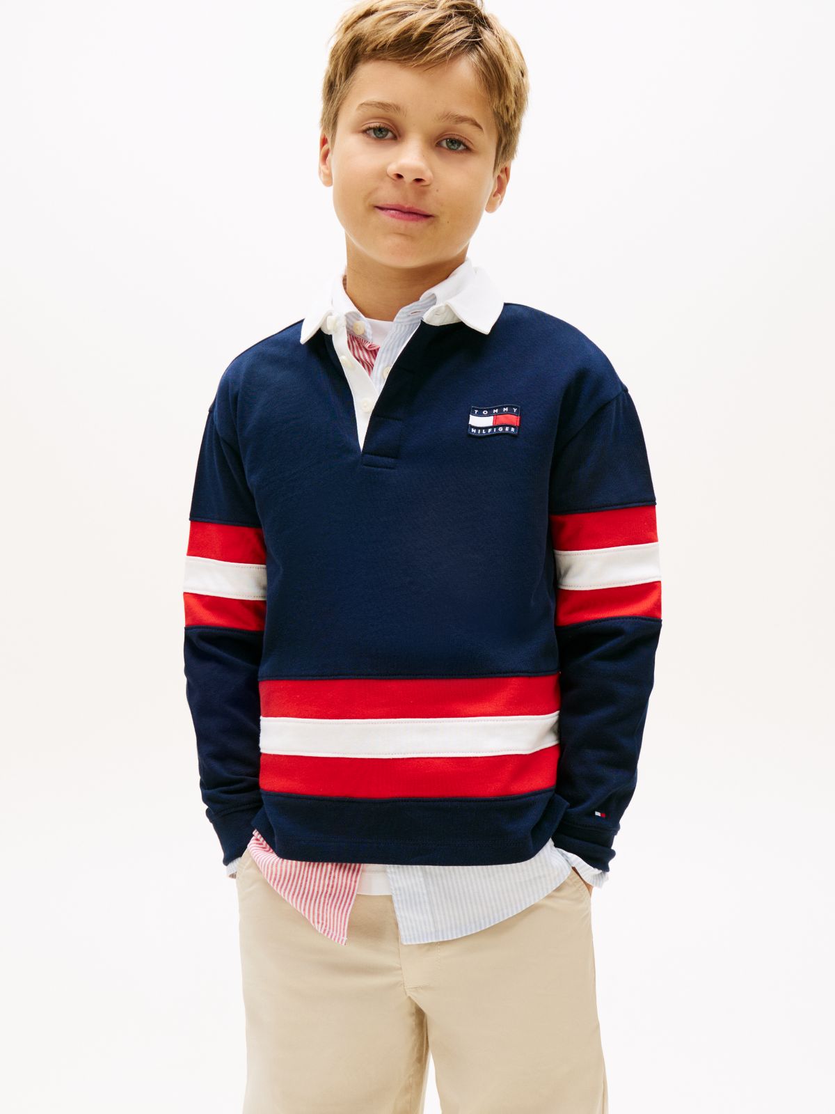 Back Graphic Long Sleeve Polo Shirt — Blue