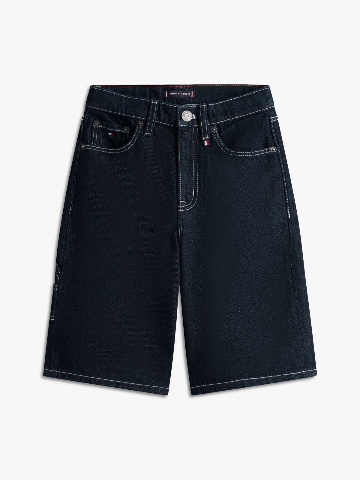 Contrast Topstitch Loose Denim Shorts — Blue