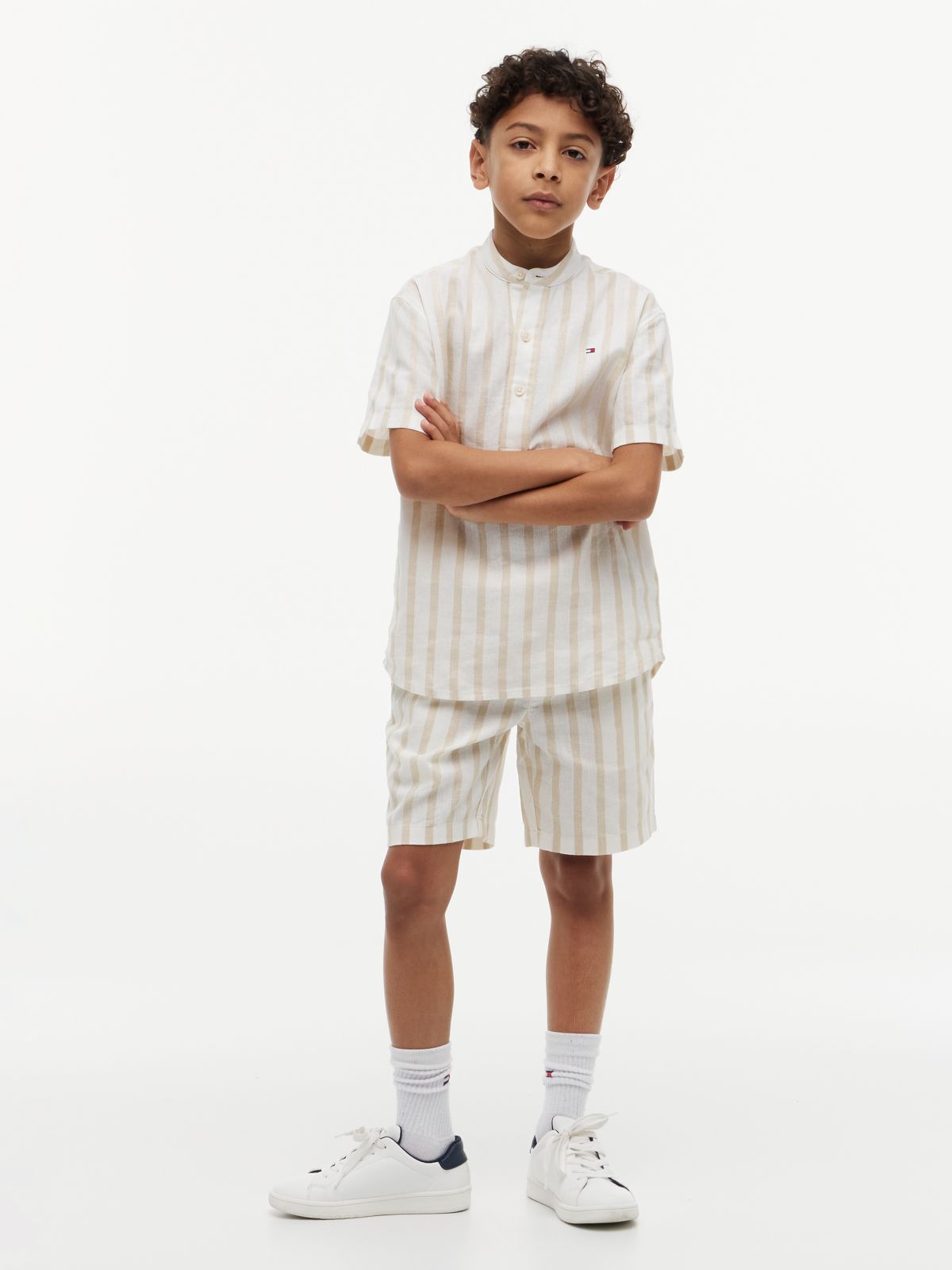 Linen Blend Stripe Relaxed Shorts — Beige