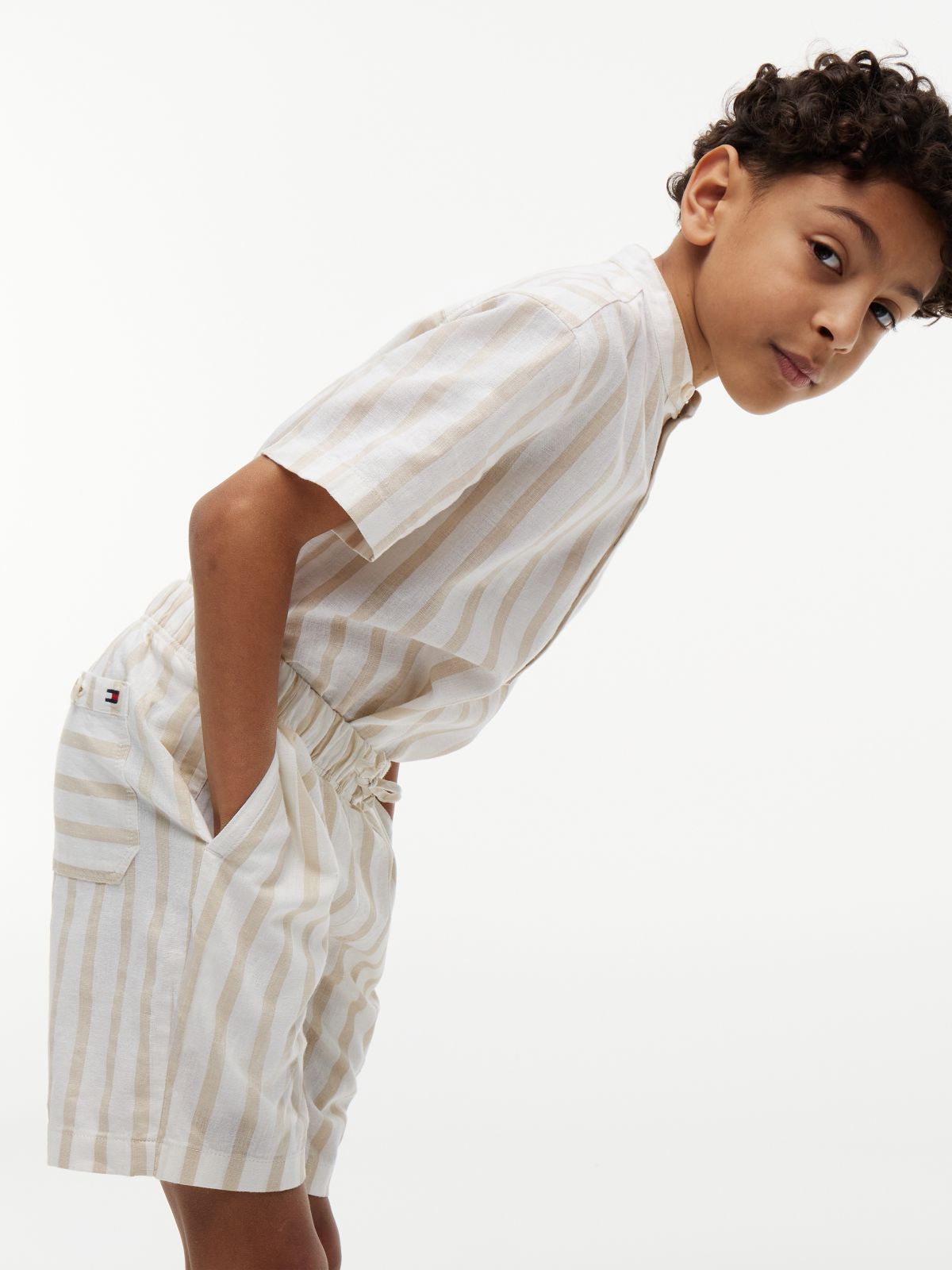 Linen Blend Stripe Relaxed Shorts — Beige