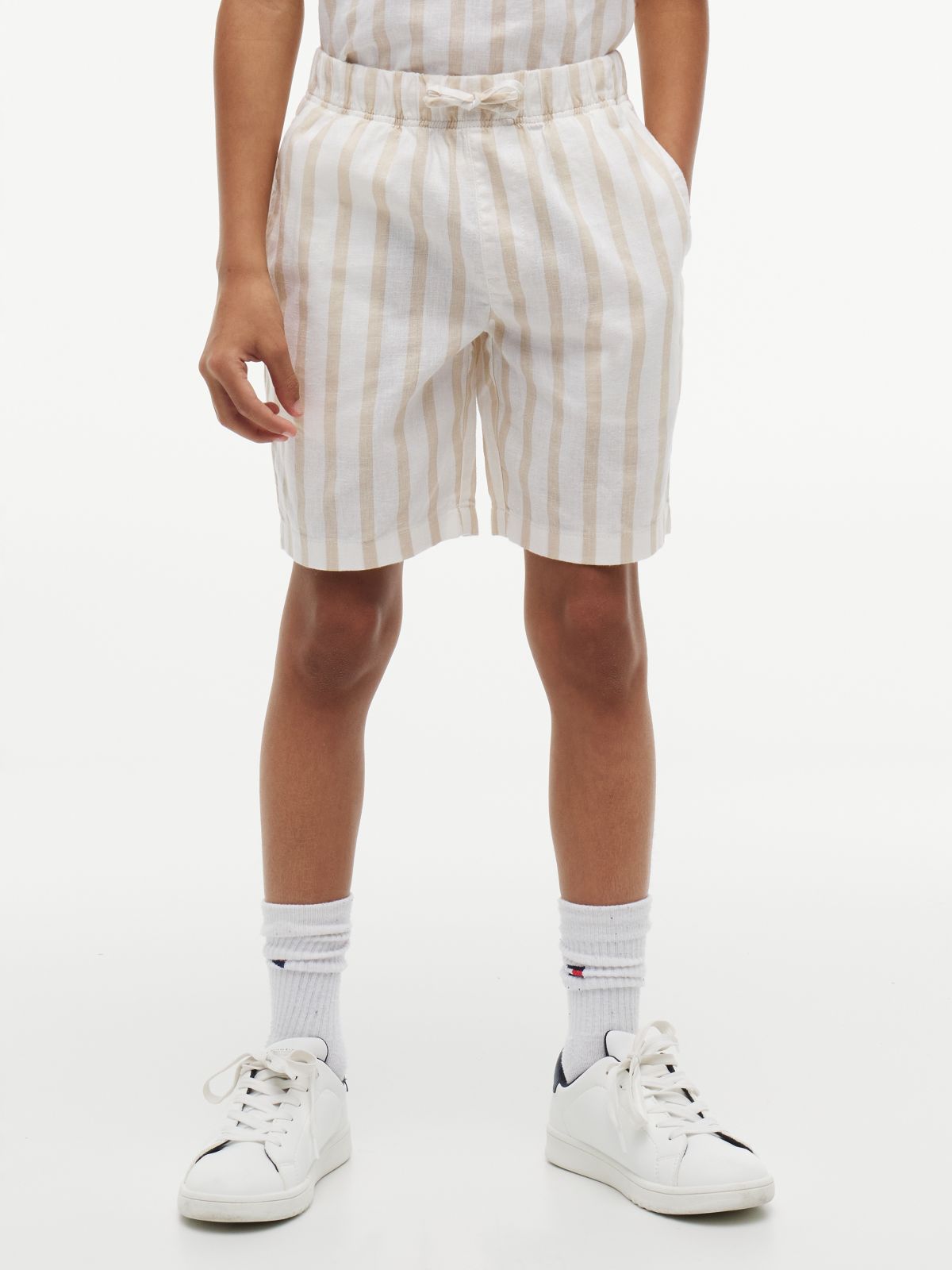 Linen Blend Stripe Relaxed Shorts — Beige