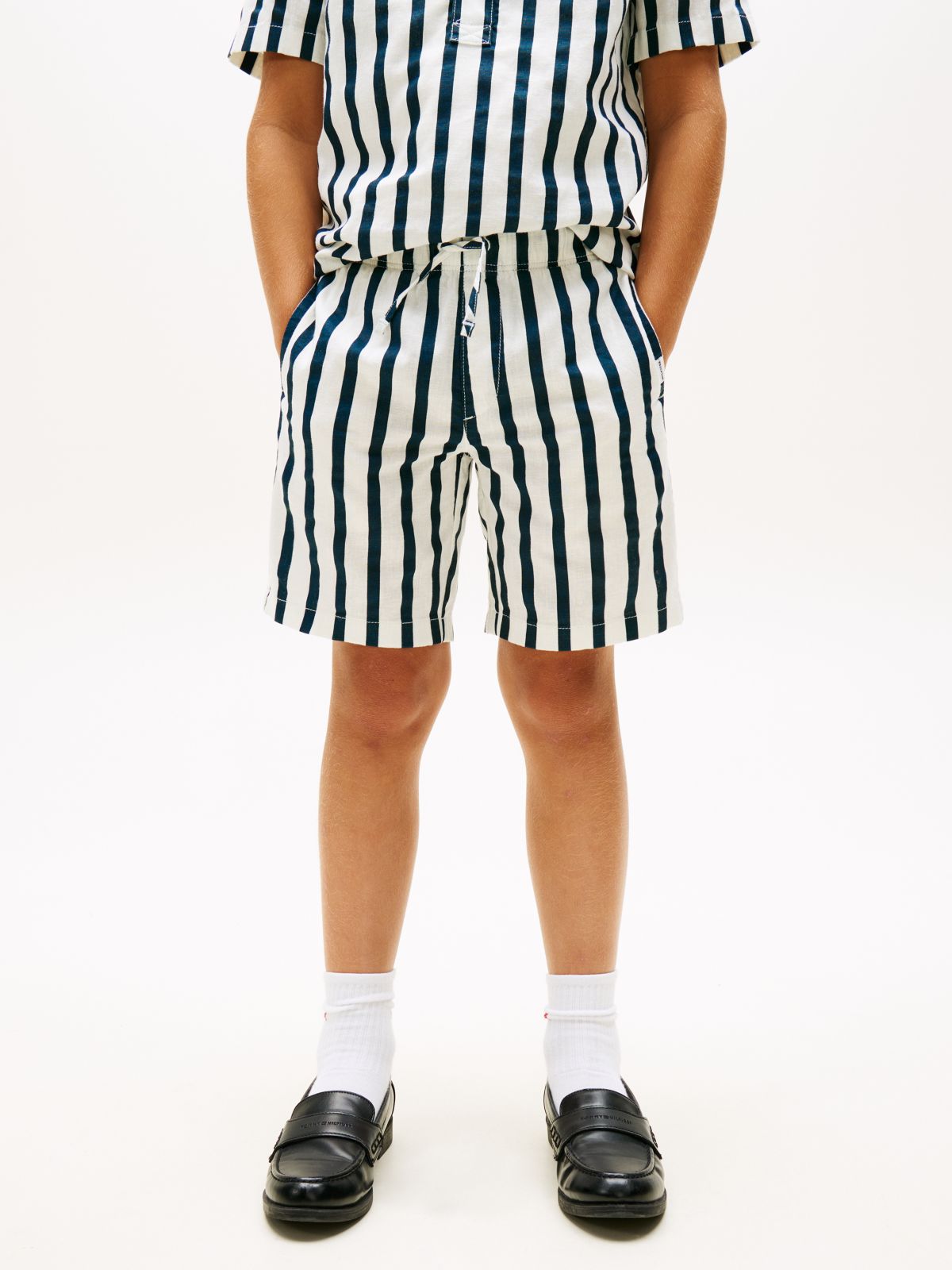 Linen Blend Stripe Relaxed Shorts — Blue