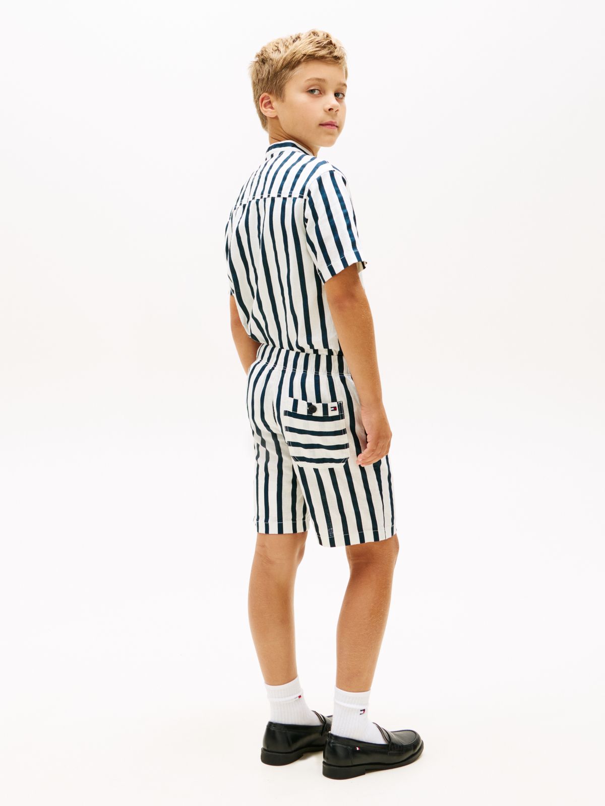 Linen Blend Stripe Relaxed Shorts — Blue