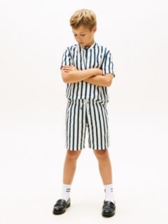 Linen Blend Stripe Relaxed Shorts — Blue 1