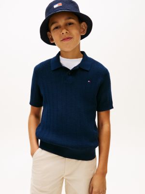 blue regular fit open knit polo shirt for boys tommy hilfiger