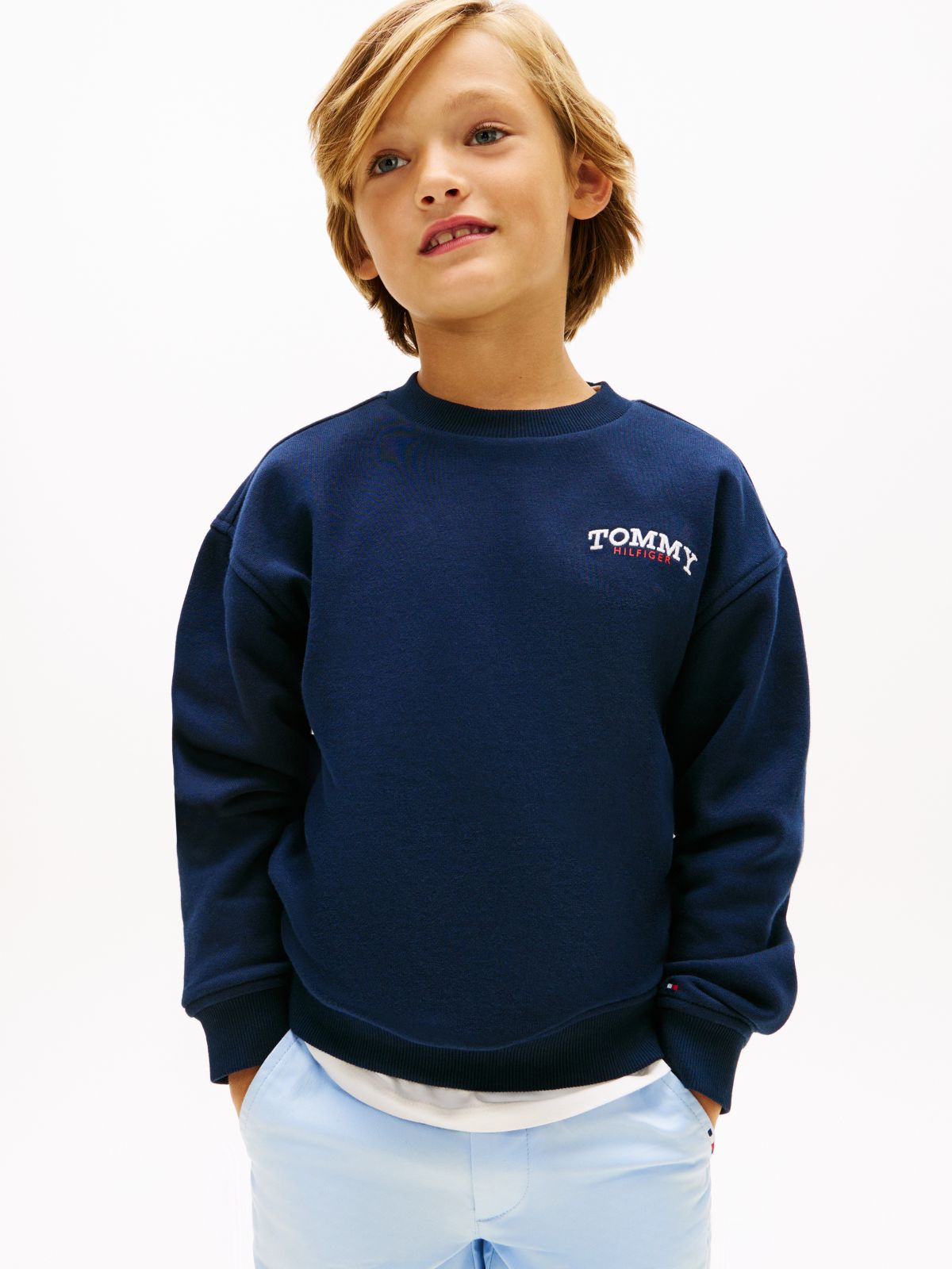 Logo Embroidery Terry Crew Neck Sweatshirt — Blue