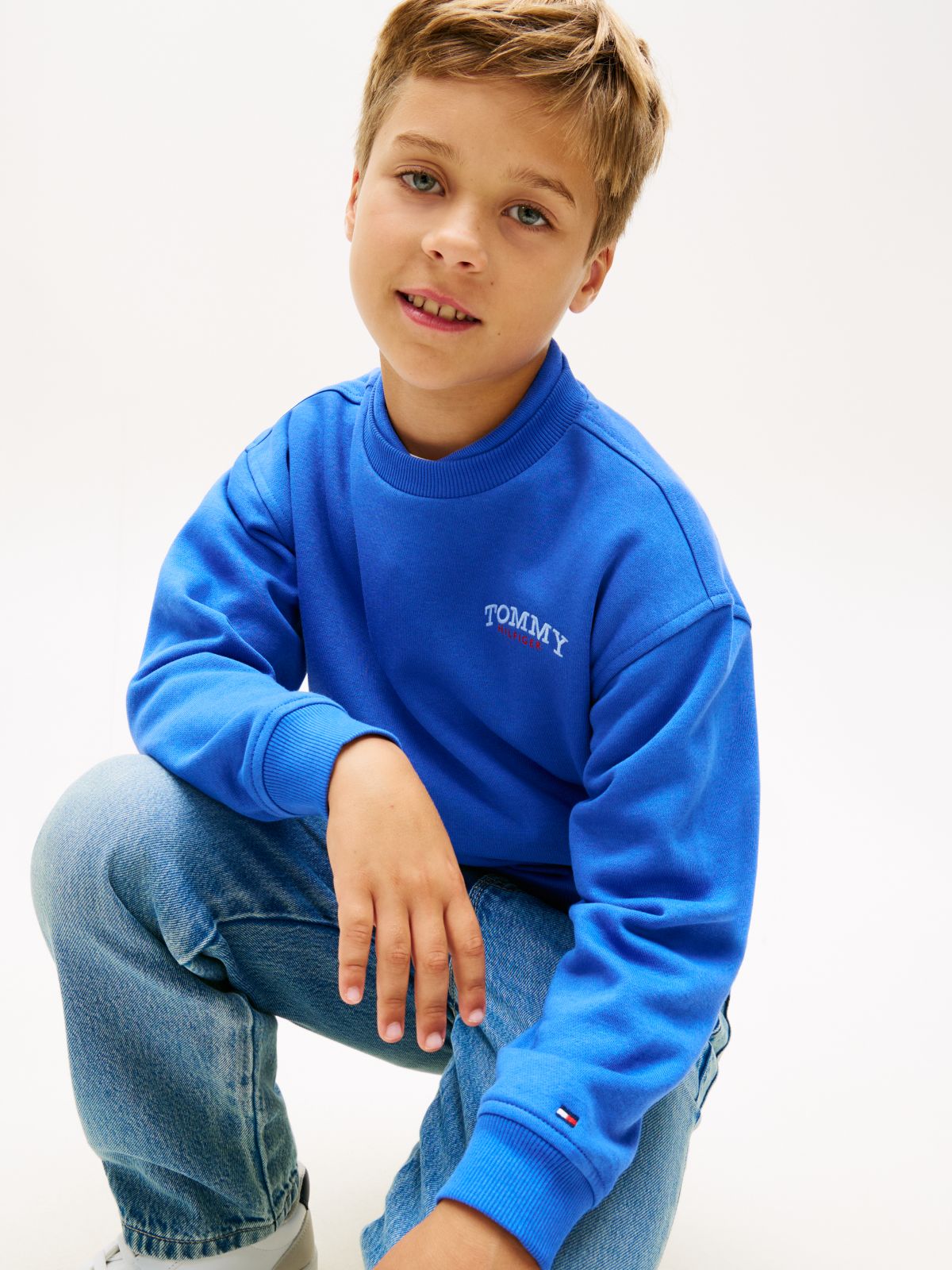 Logo Embroidery Terry Crew Neck Sweatshirt — Blue