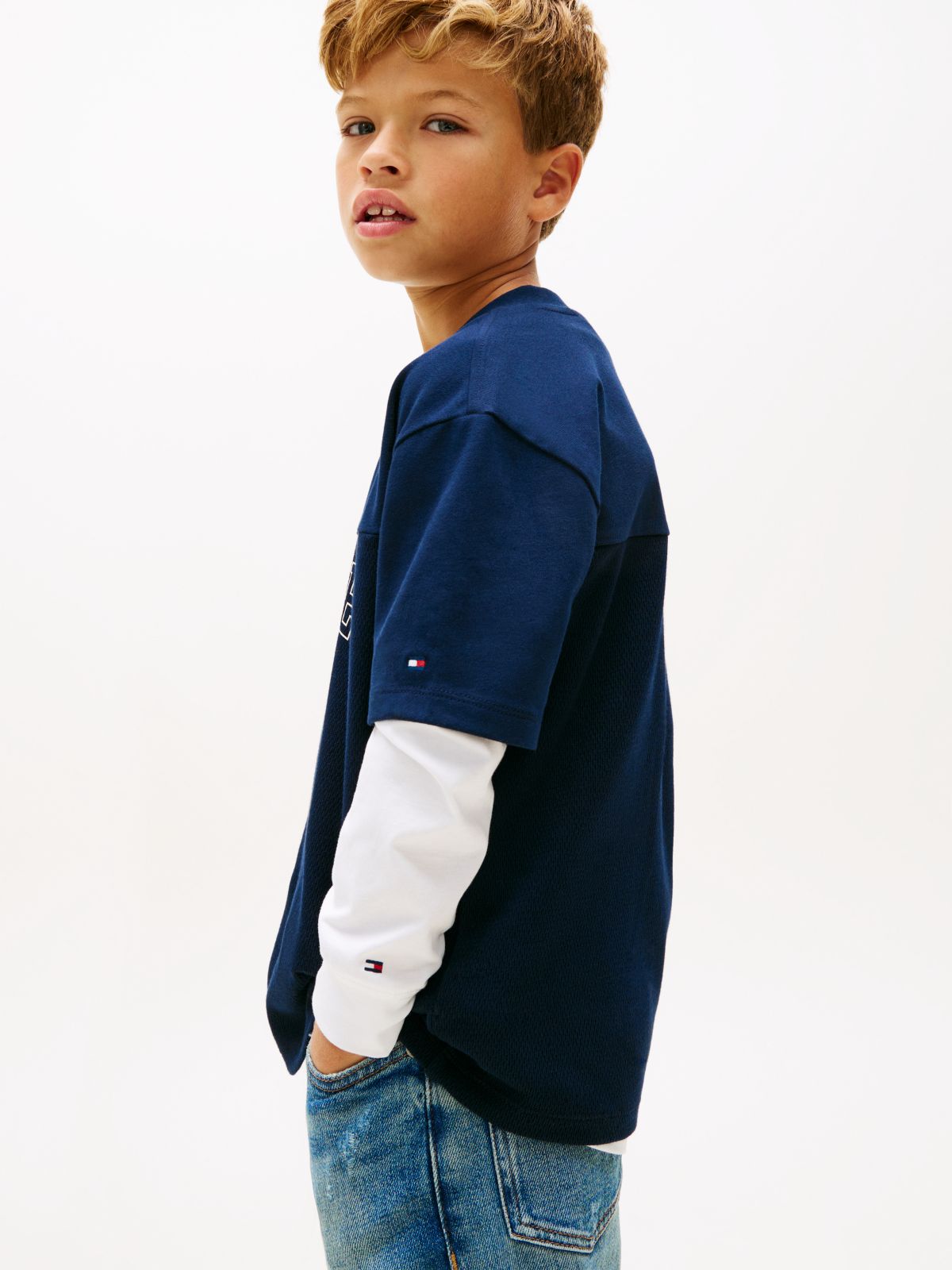 Logo Peached Jersey V-Neck T-Shirt — Blue