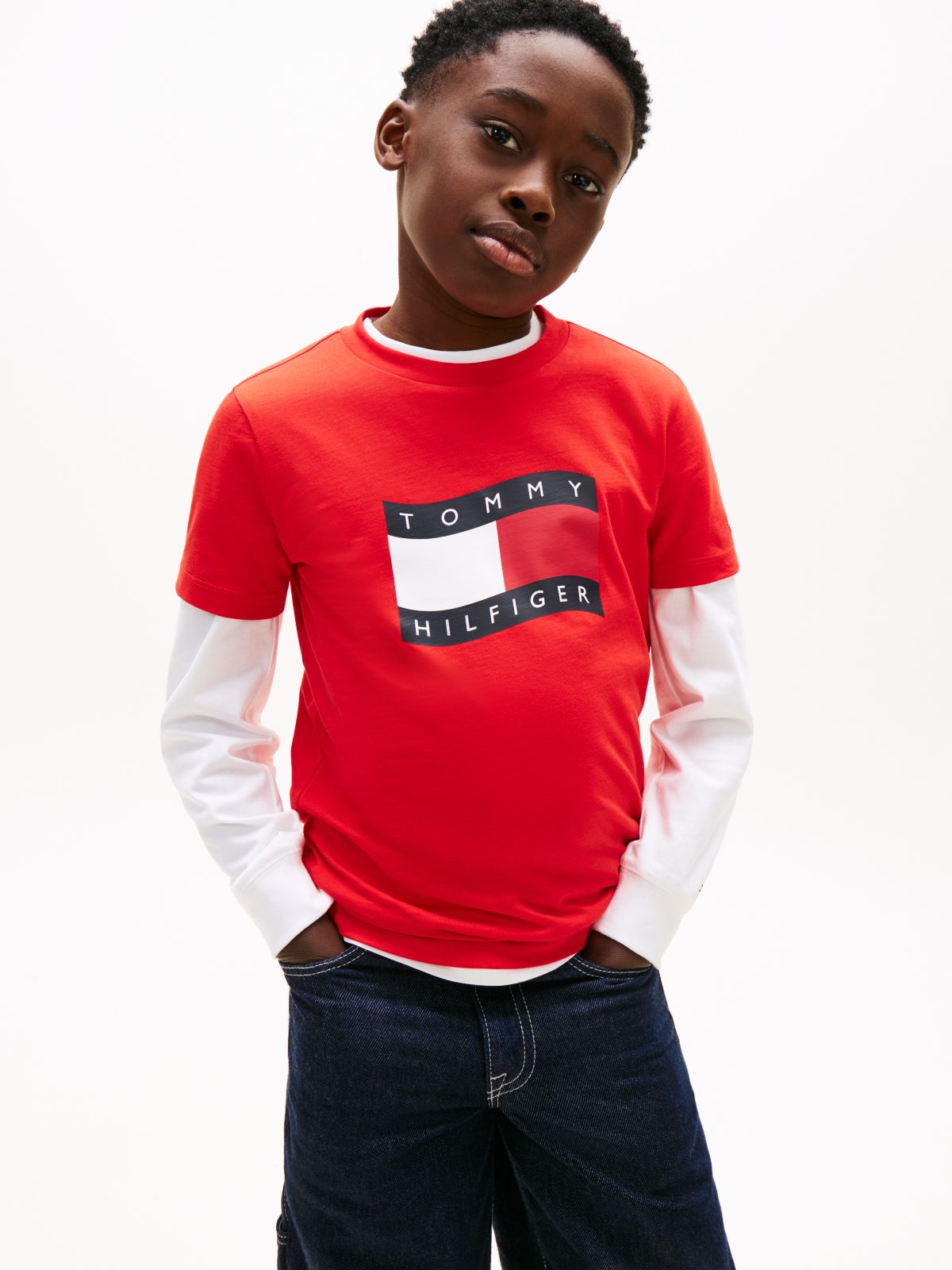 Wavy Flag Jersey Crew Neck T-Shirt — Red