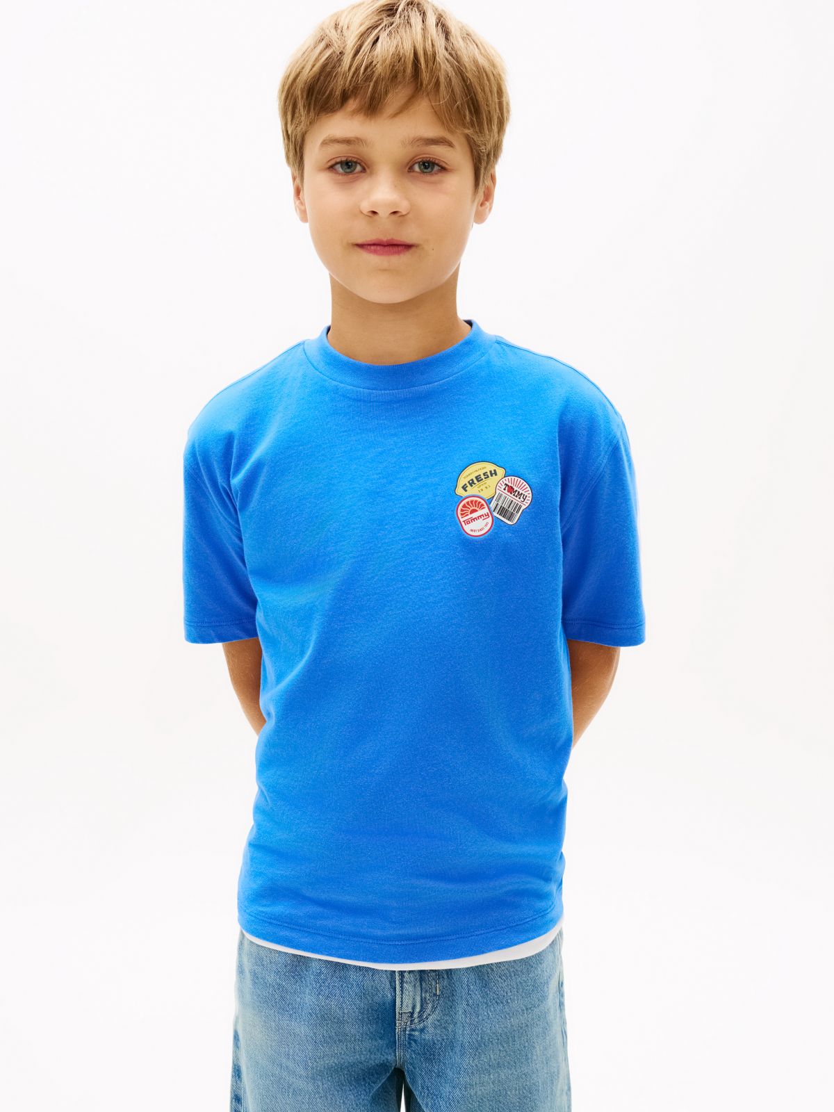 Sticker Print Back Graphic Jersey T-Shirt — Blue