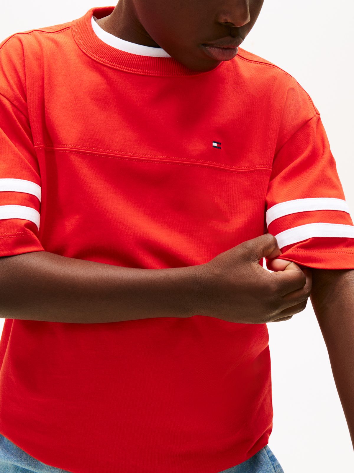Stripe Sleeve Jersey T-Shirt — Red