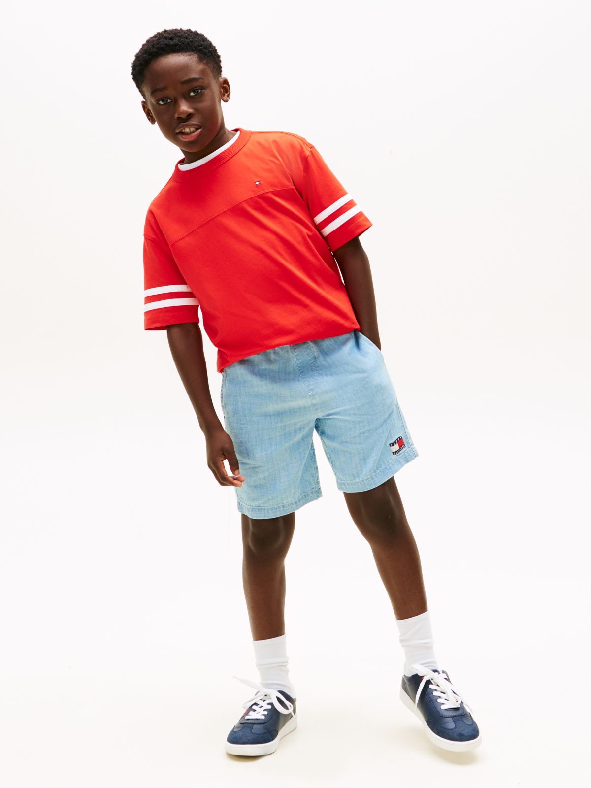 Stripe Sleeve Jersey T-Shirt — Red