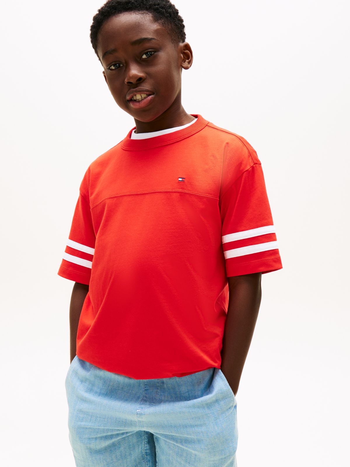 Stripe Sleeve Jersey T-Shirt — Red