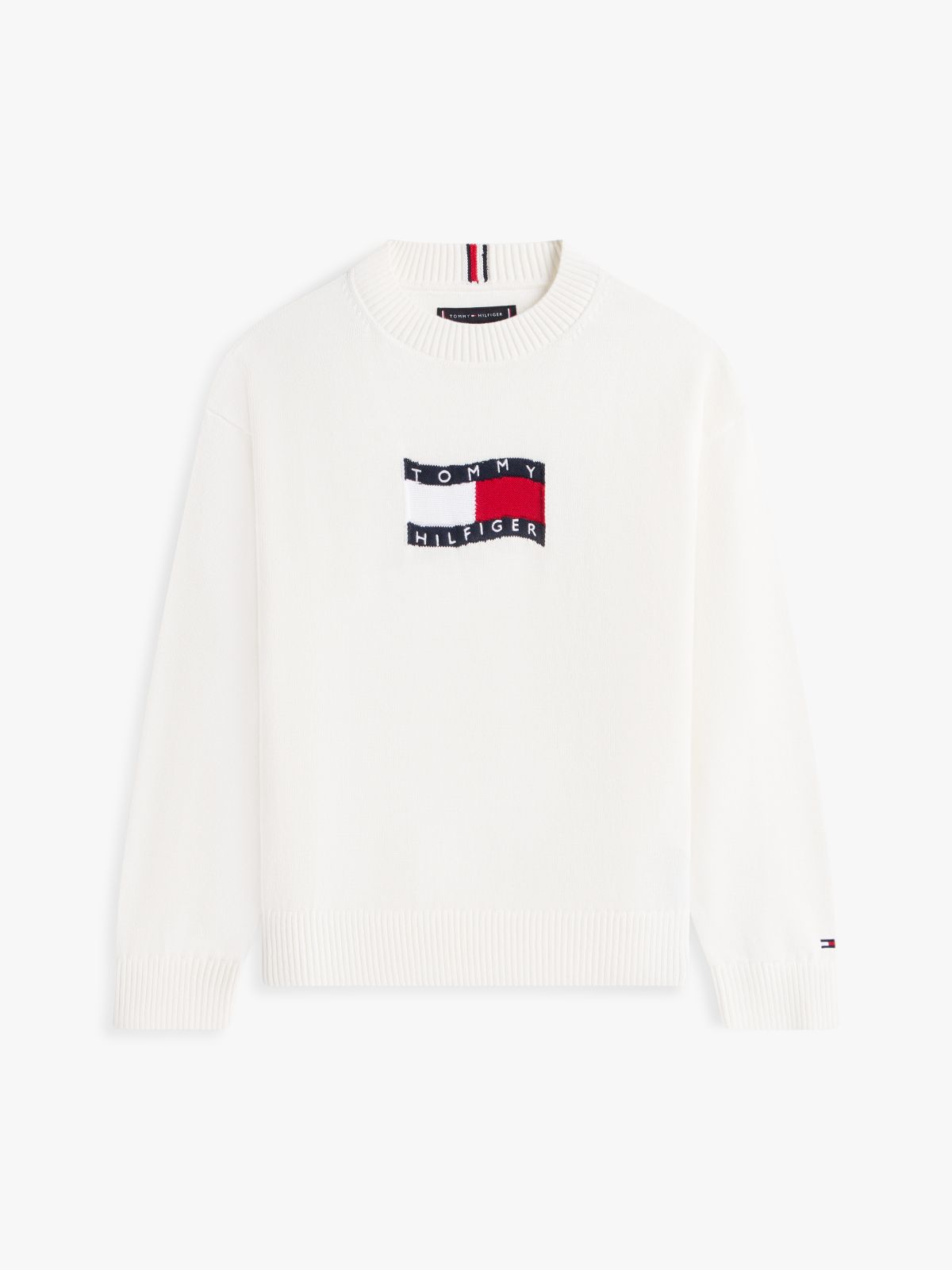 Intarsia Wavy Flag Crew Neck Jumper — White