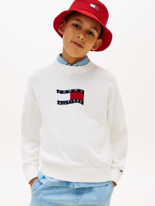 Intarsia Wavy Flag Crew Neck Jumper — White