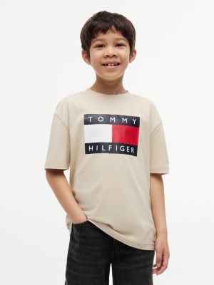 t-shirt en jersey à col ras-du-cou et logo beige pour garçons tommy hilfiger
