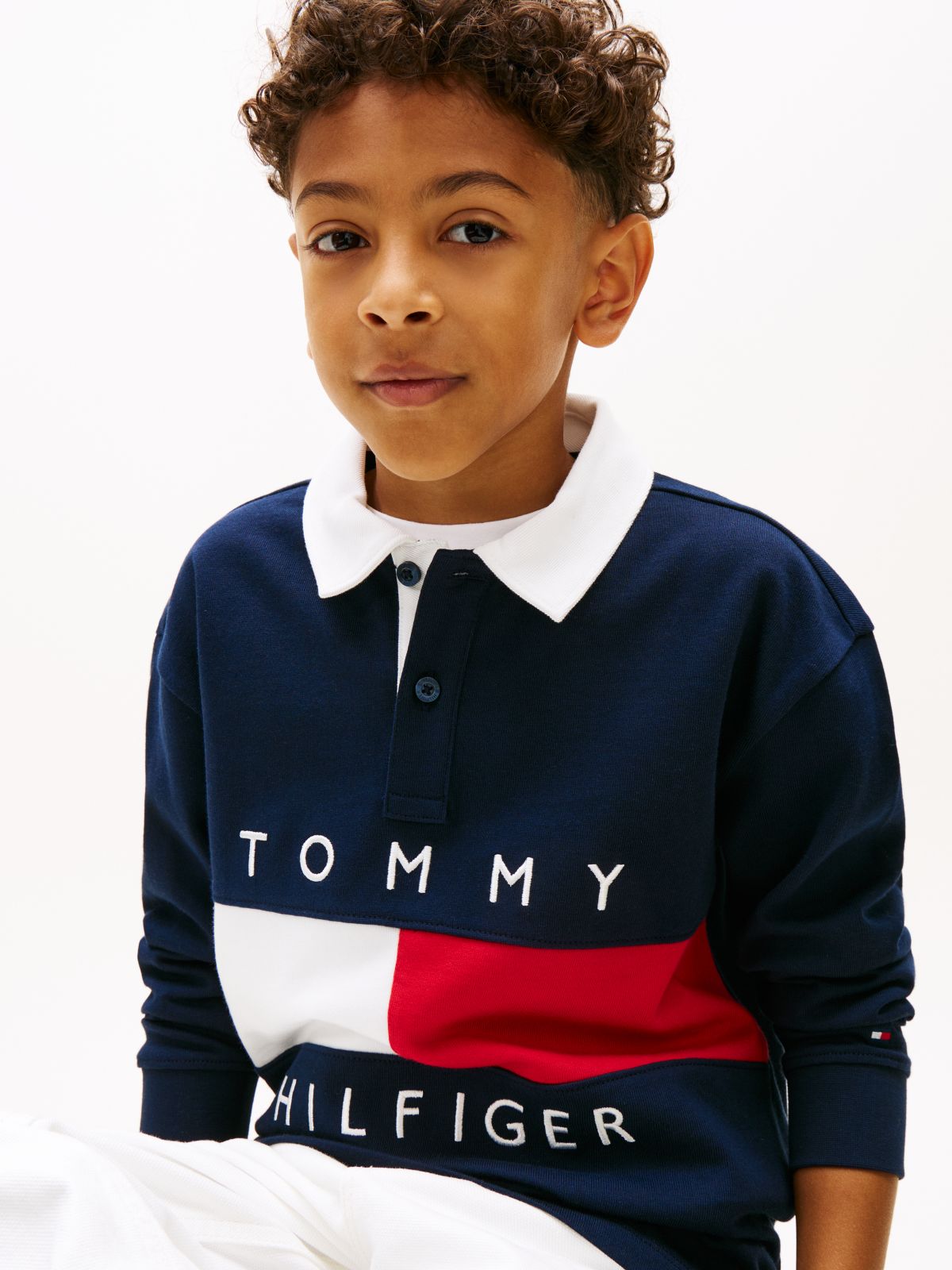 Heritage Colour-Blocked Flag Long Sleeve Polo Shirt — Blue