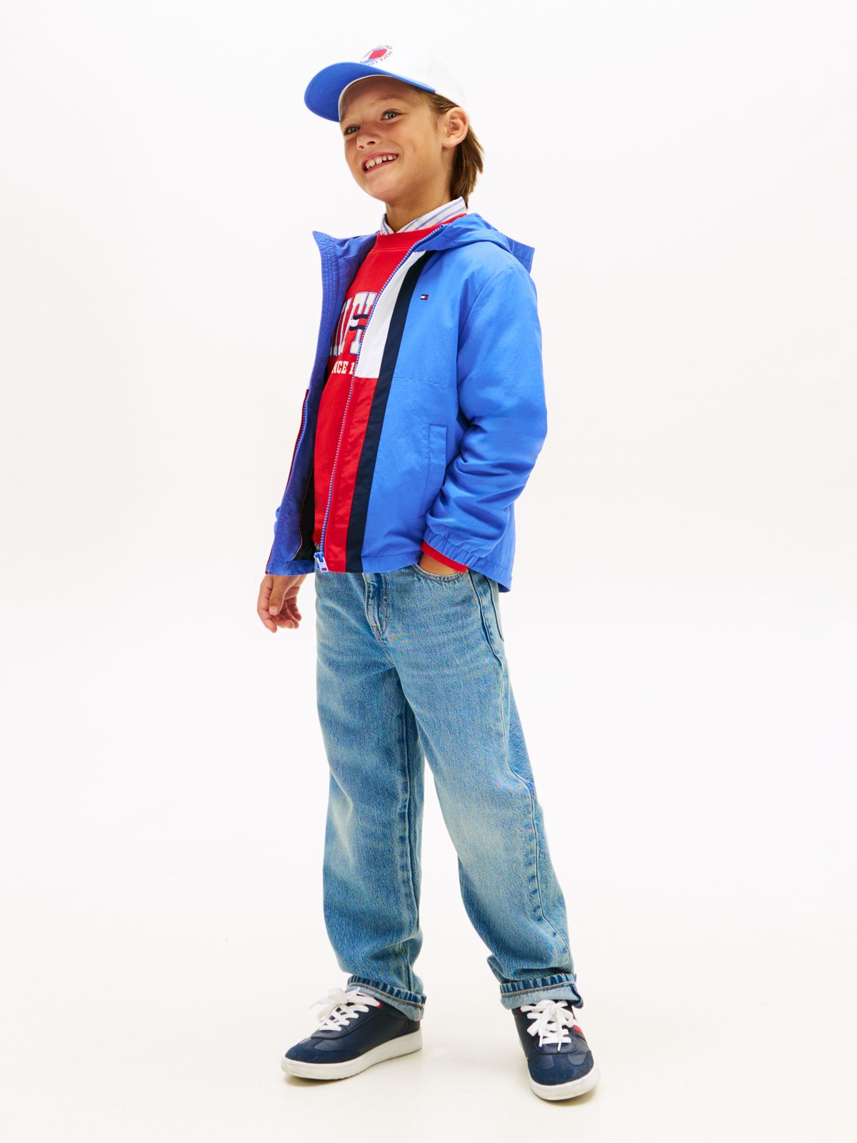 Colour-Blocked Flag Hooded Jacket — Blue