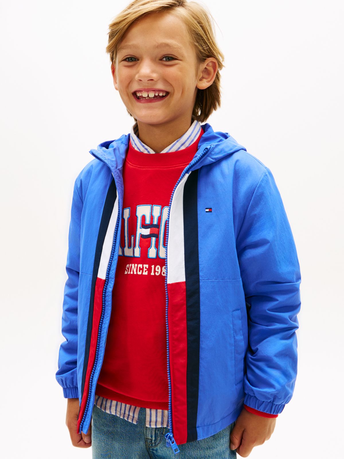 Colour-Blocked Flag Hooded Jacket — Blue