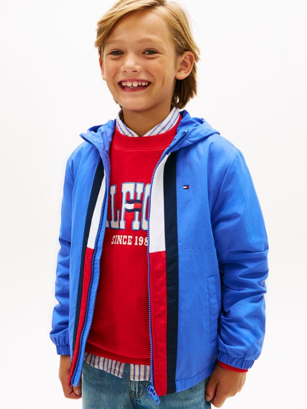 Colour-Blocked Flag Hooded Jacket — Blue