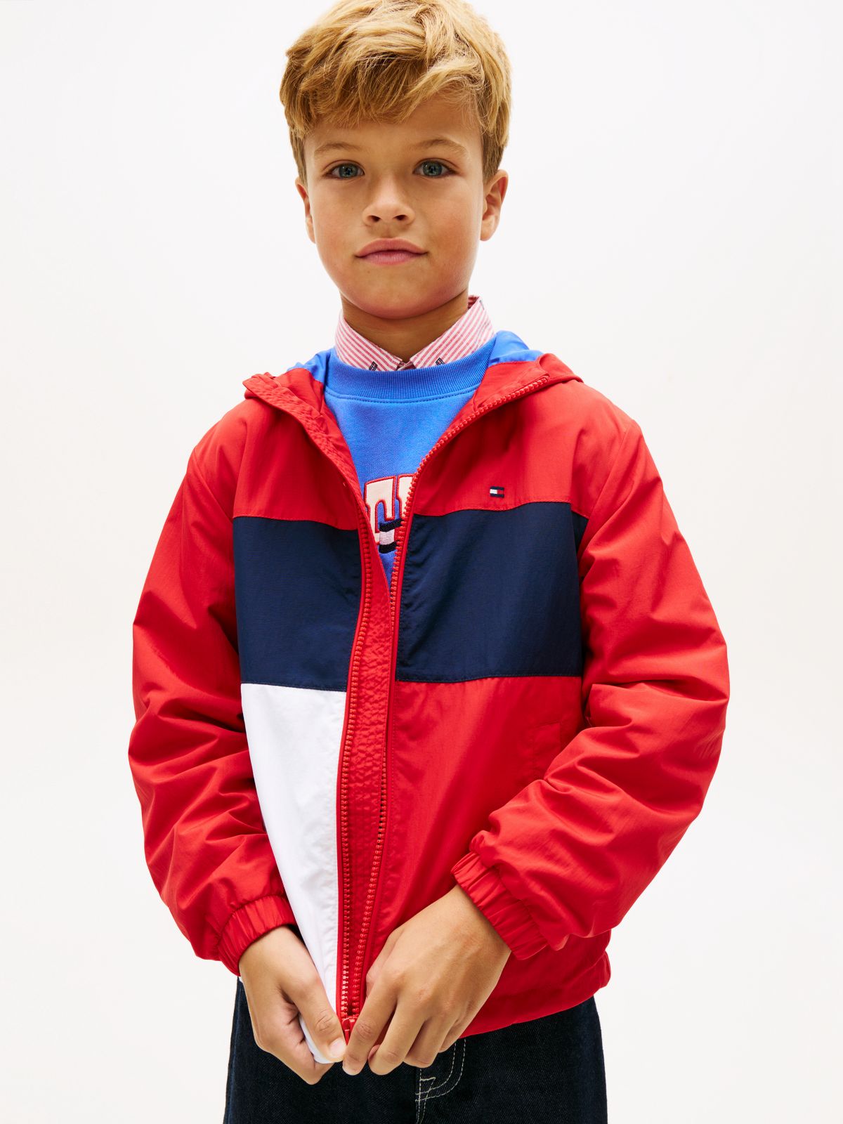 Colour-Blocked Flag Hooded Jacket — Red