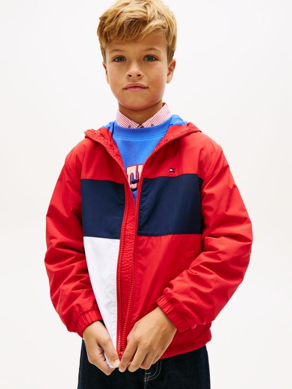 Colour-Blocked Flag Hooded Jacket — Red