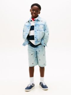 Wavy Flag Embroidery Denim Trucker Jacket — Blue 3