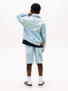 Wavy Flag Embroidery Denim Trucker Jacket — Blue 5