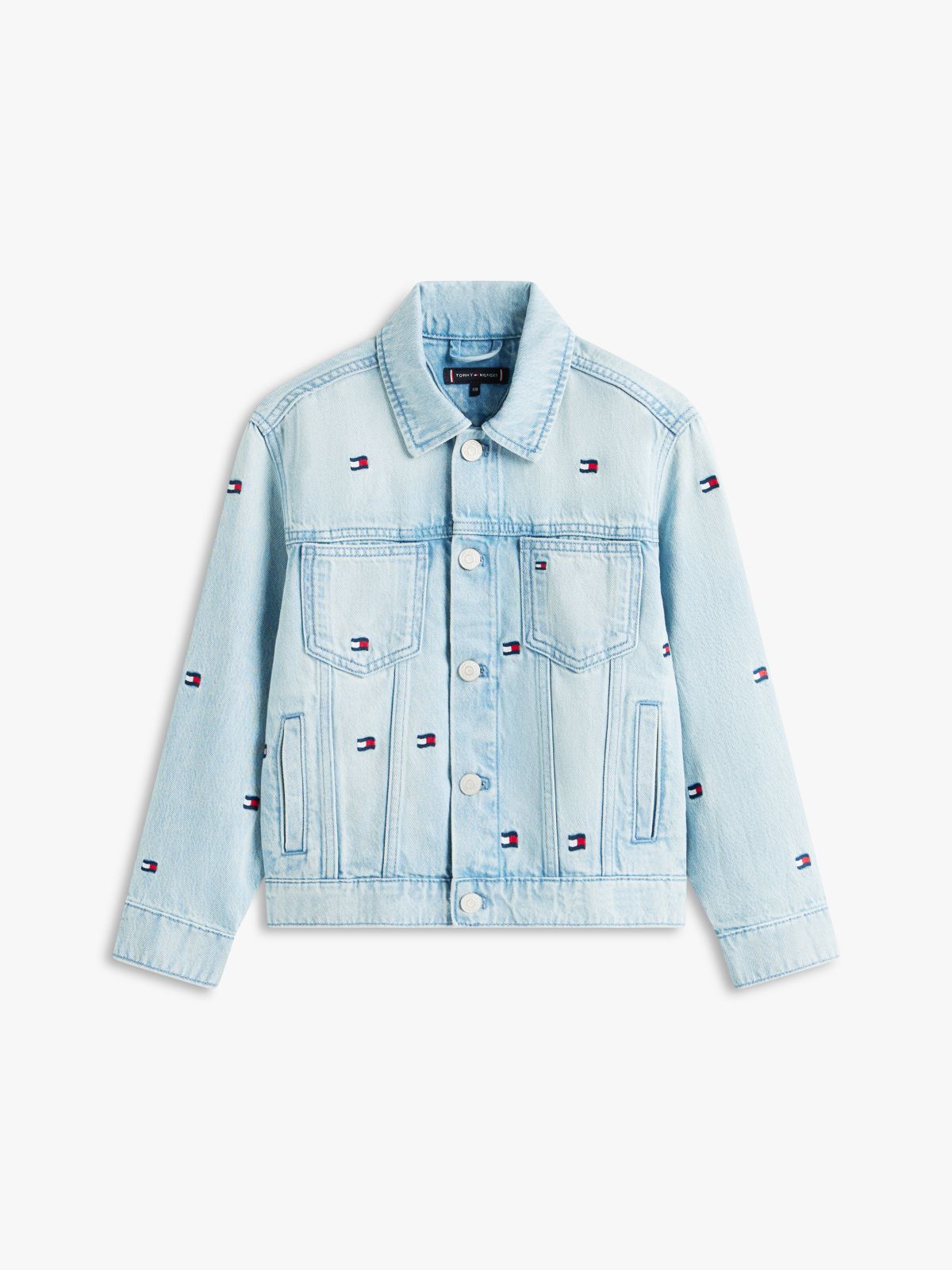 Wavy Flag Embroidery Denim Trucker Jacket — Blue