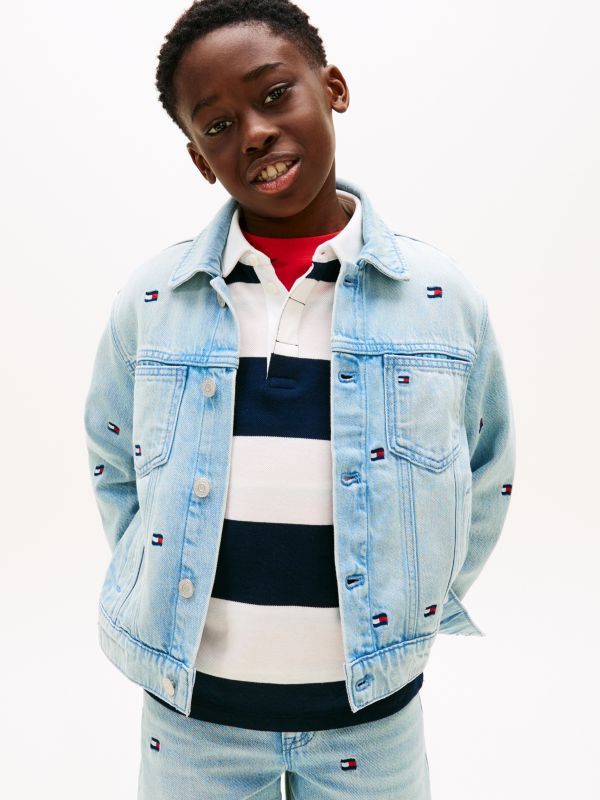 Wavy Flag Embroidery Denim Trucker Jacket — Blue