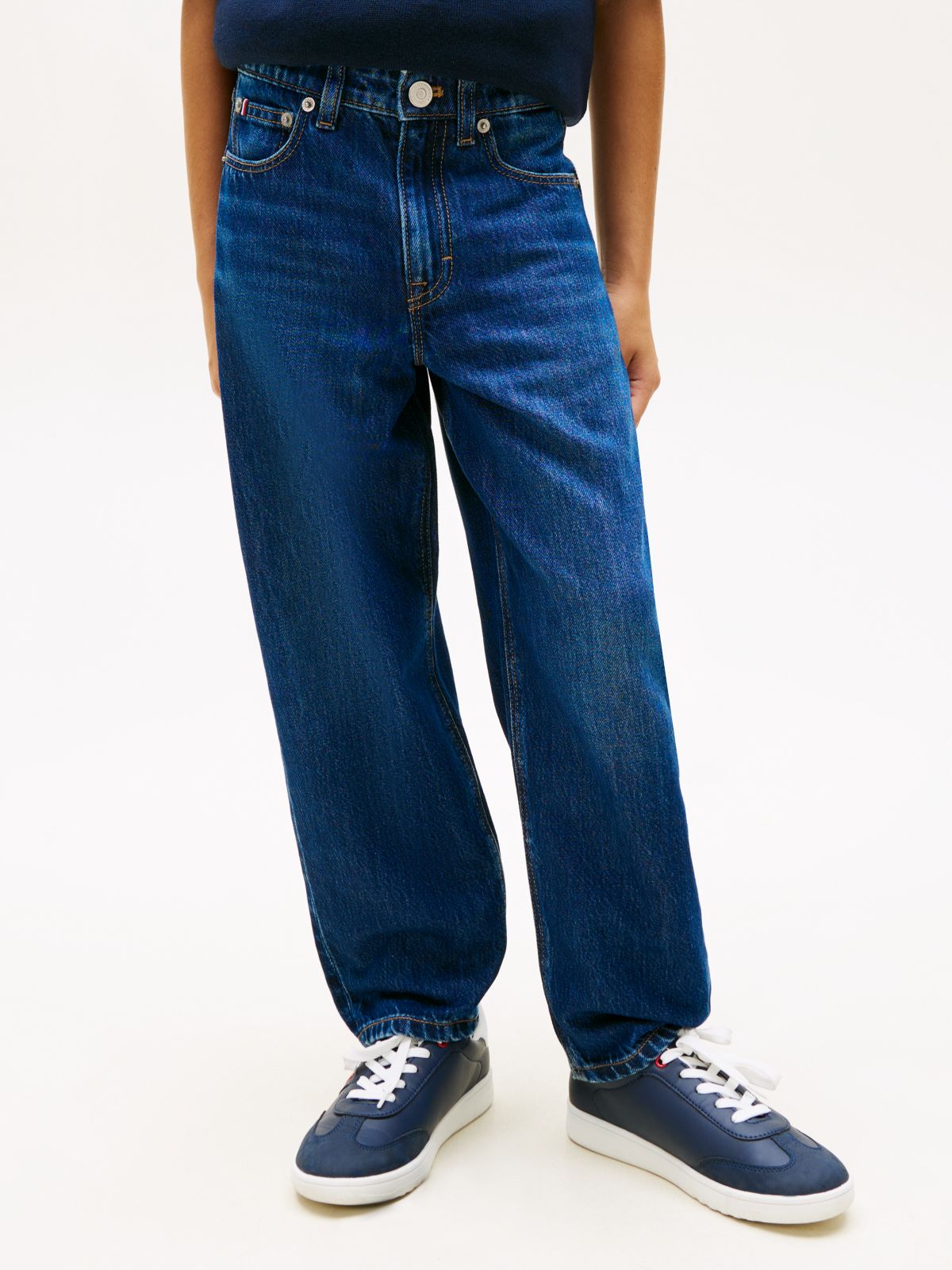 Whiskered Loose Barrel Leg Jeans — Blue