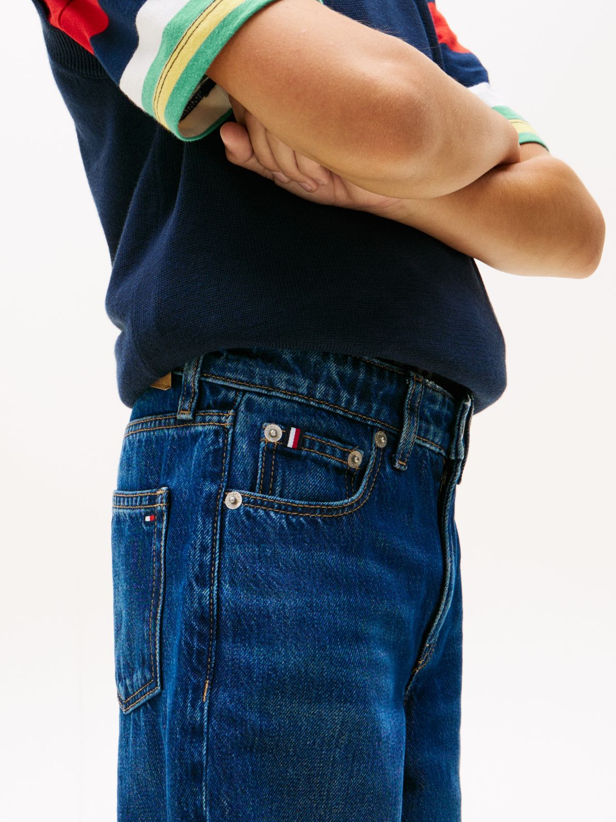 Whiskered Loose Barrel Leg Jeans — Blue