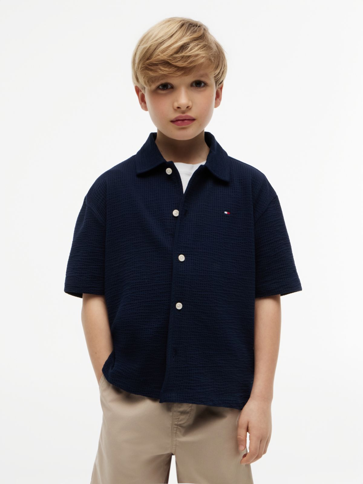 Essential Relaxed Fit Seersucker Short Sleeve Shirt — Blue