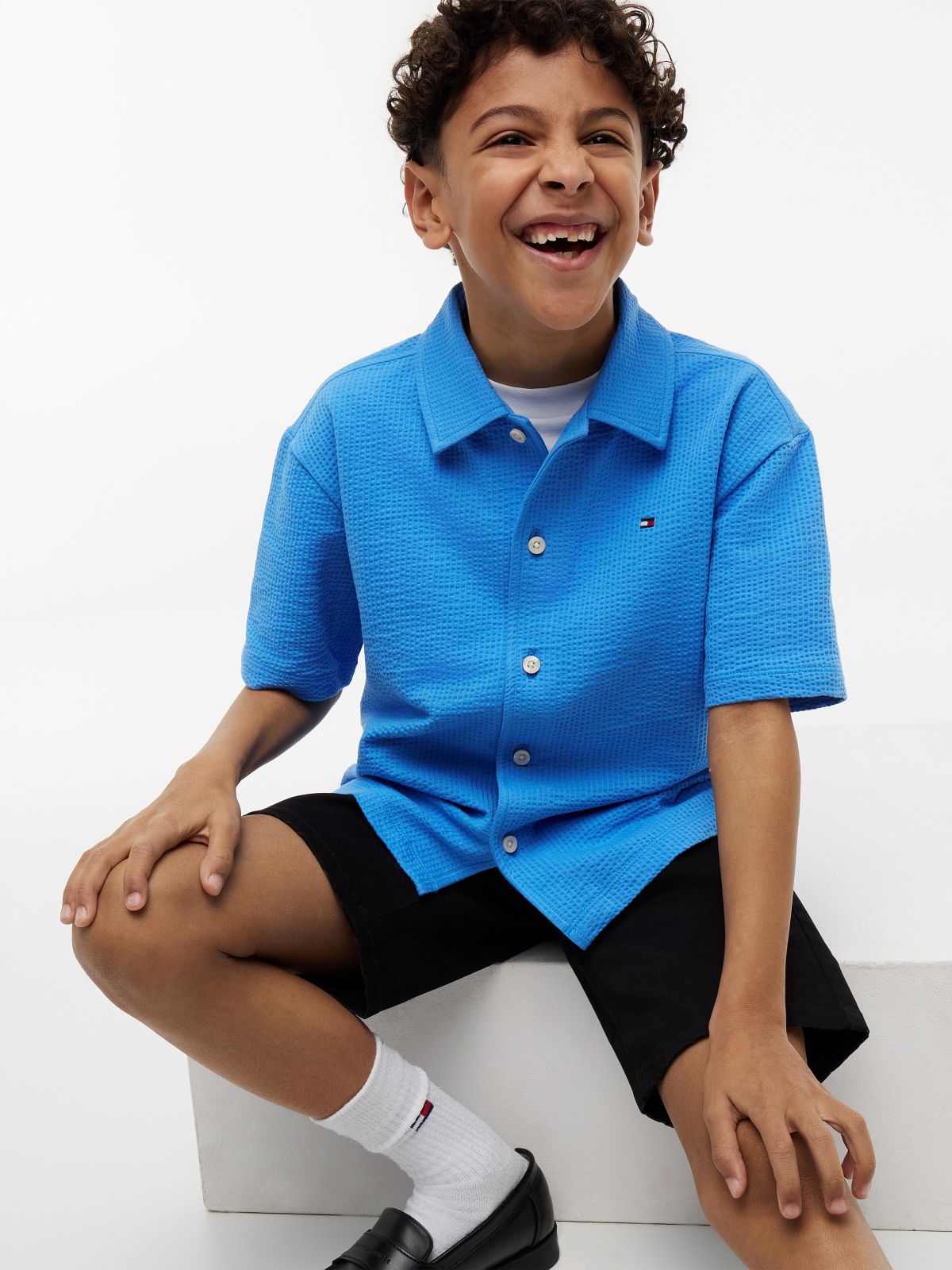 Essential Relaxed Fit Seersucker Short Sleeve Shirt — Blue