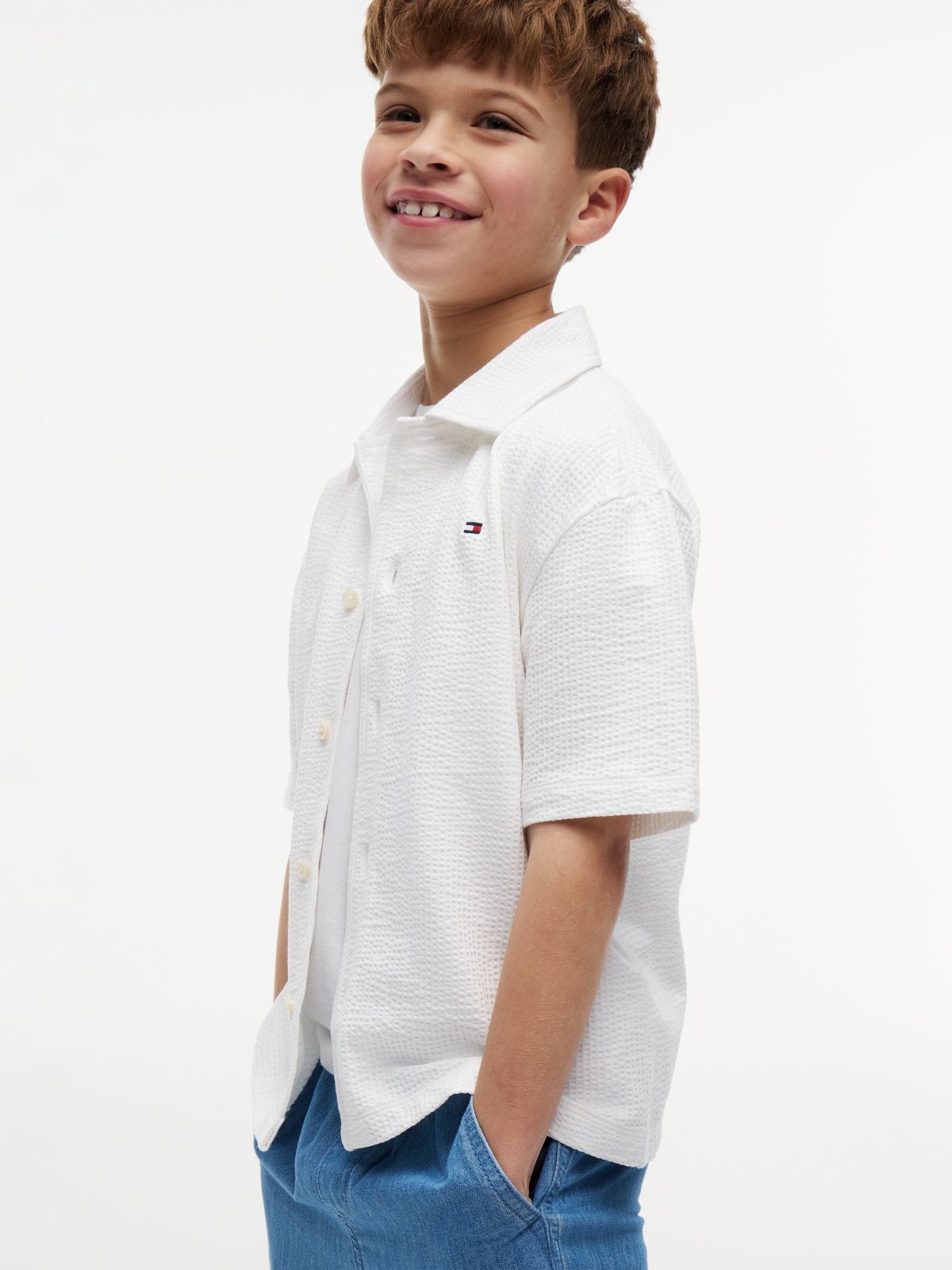Essential Relaxed Fit Seersucker Short Sleeve Shirt — White